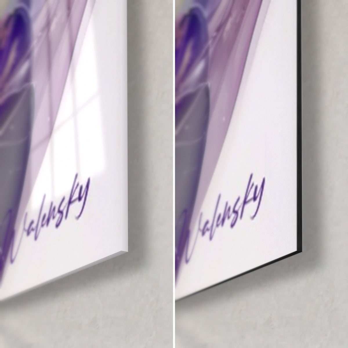 Schilderij paarse bloemblaadjes dooraderd met goud, rechtsonder: glanzend acrylglas links, mat Dibond-aluminium rechts