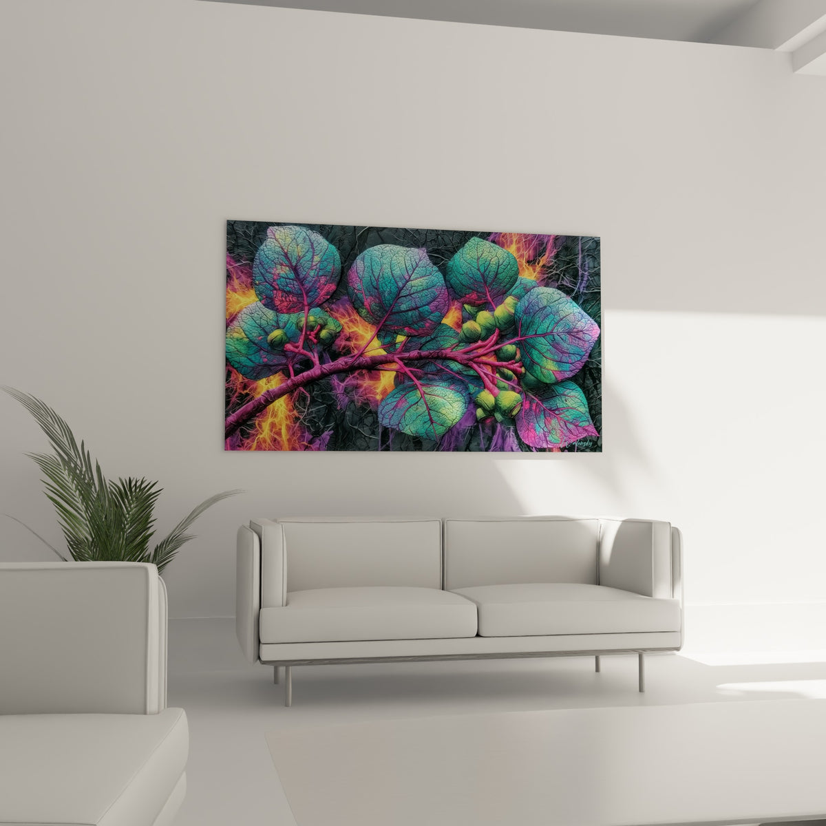 Nervures magenta et feuilles bleu-vert d'eucalyptus disposées au-dessus d'un canapé dans un salon lumineux
