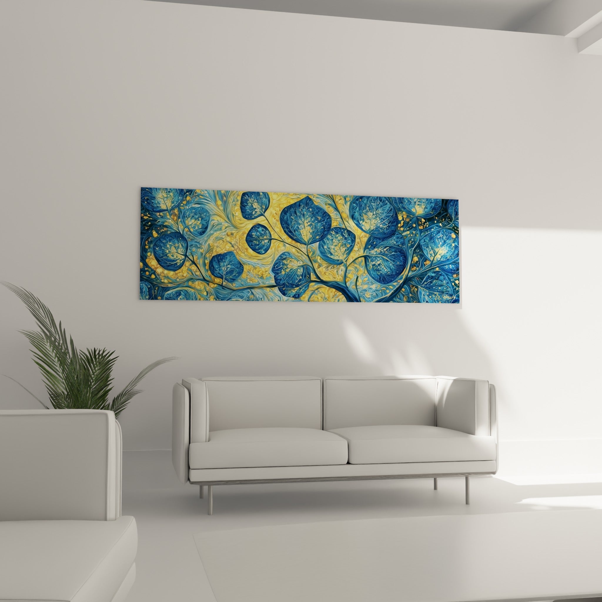 Nervures fines et courbes du tableau Eucalyptus en bleu turquoise et doré, au-dessus d'un canapé dans un salon lumineux