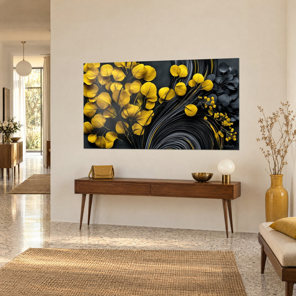 Wall art swirl of grey and gold lines framing round yellow leaves, three-quarter view above a wooden console table