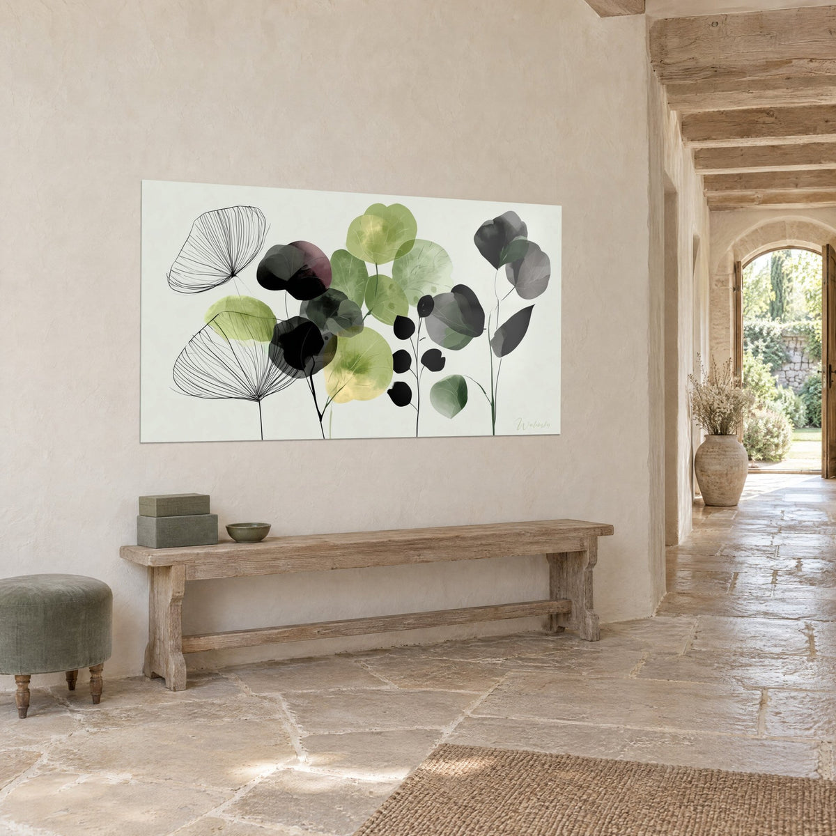 Gemälde botanisches Herbarium mit olivgrünen und kohleschwarzen Aquarellscheiben, gegenüber einer Holzbank, Steinflur