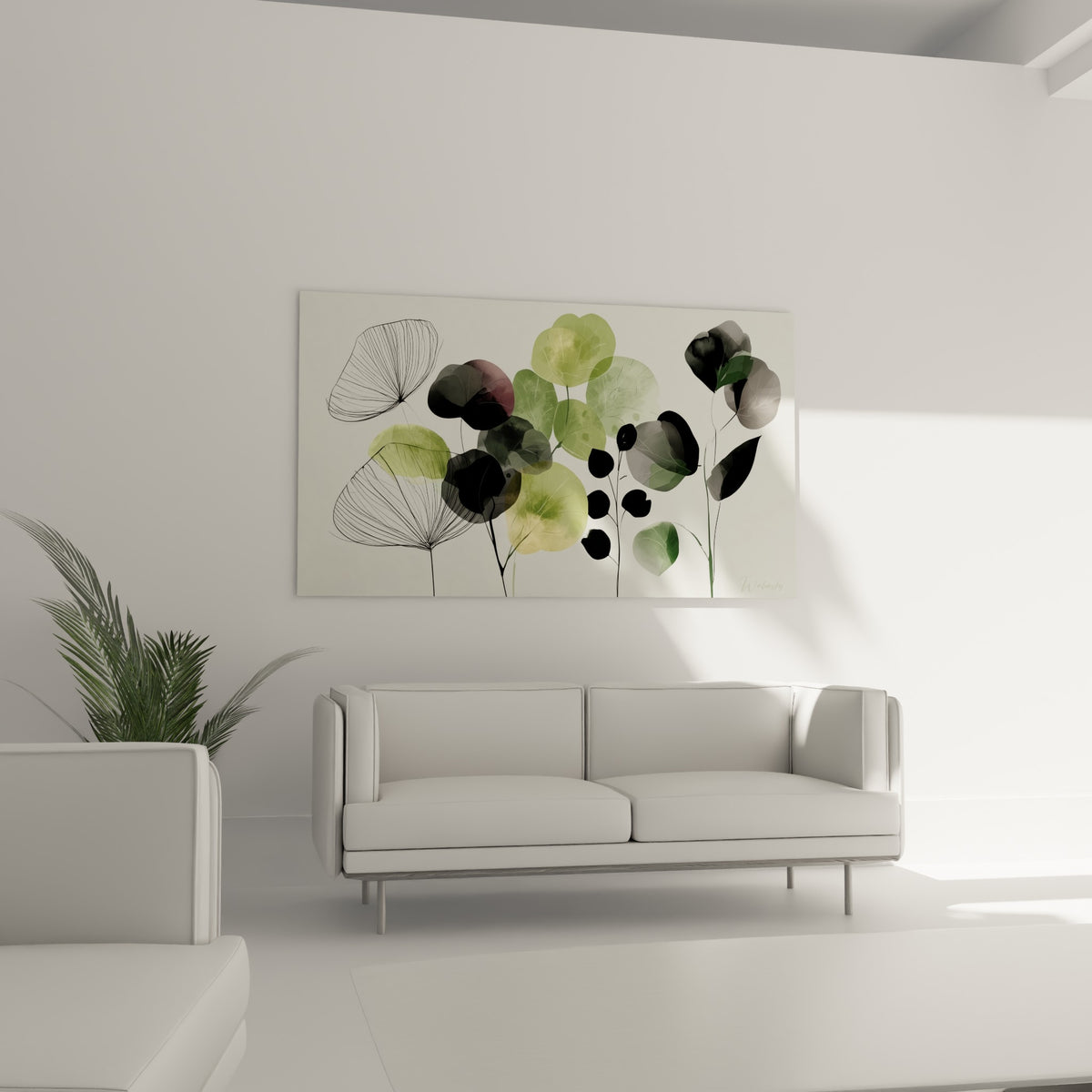 Composition d'eucalyptus ocre et noire disposée au-dessus d'un canapé dans un salon lumineux