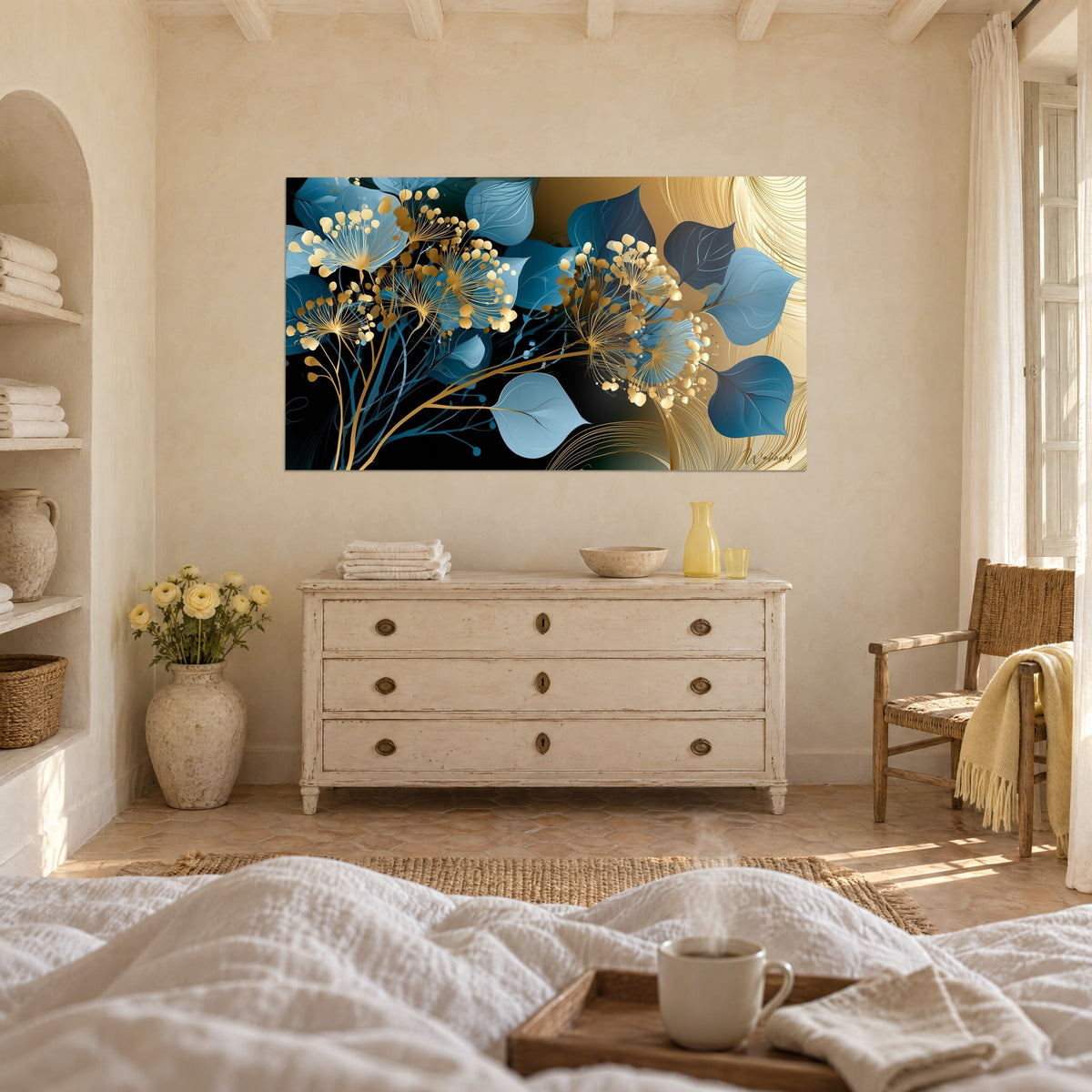 Tableau bouquet nocturne de feuilles bleues et d'ombelles dorées sur fond noir, commode crème, au-dessus d'un lit dans une chambre claire