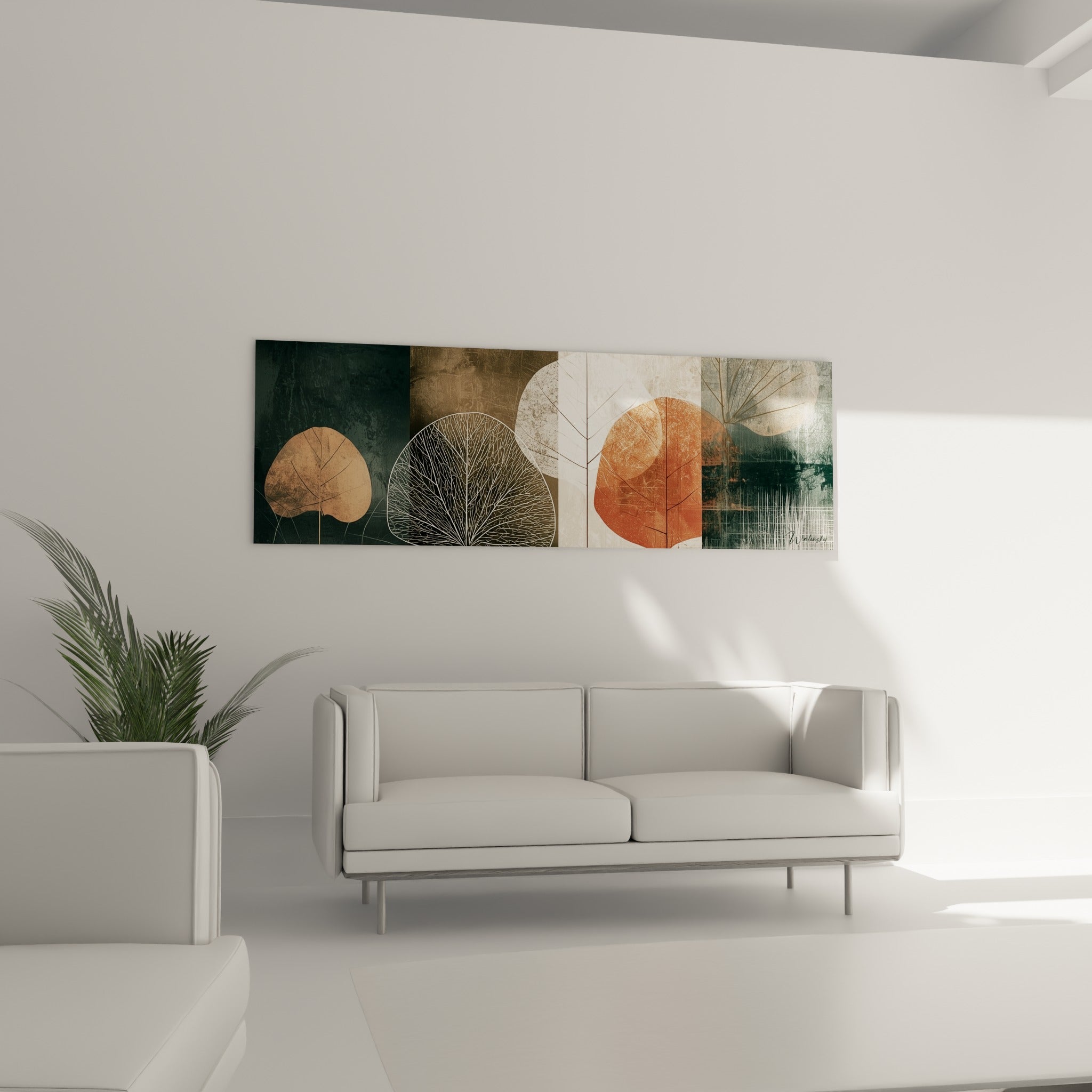 Motifs de feuilles terracotta et anthracite du tableau Eucalyptus au-dessus d'un canapé dans un salon lumineux