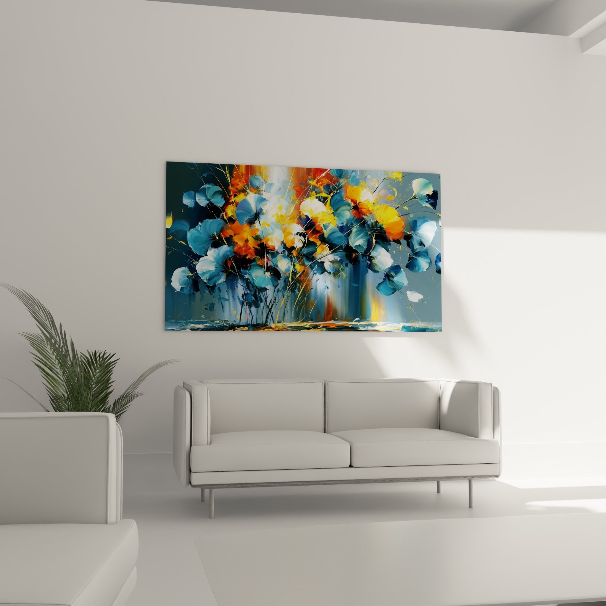 Pétales bleutés et touches orangées vibrantes accrochés au-dessus d'un canapé dans un salon lumineux