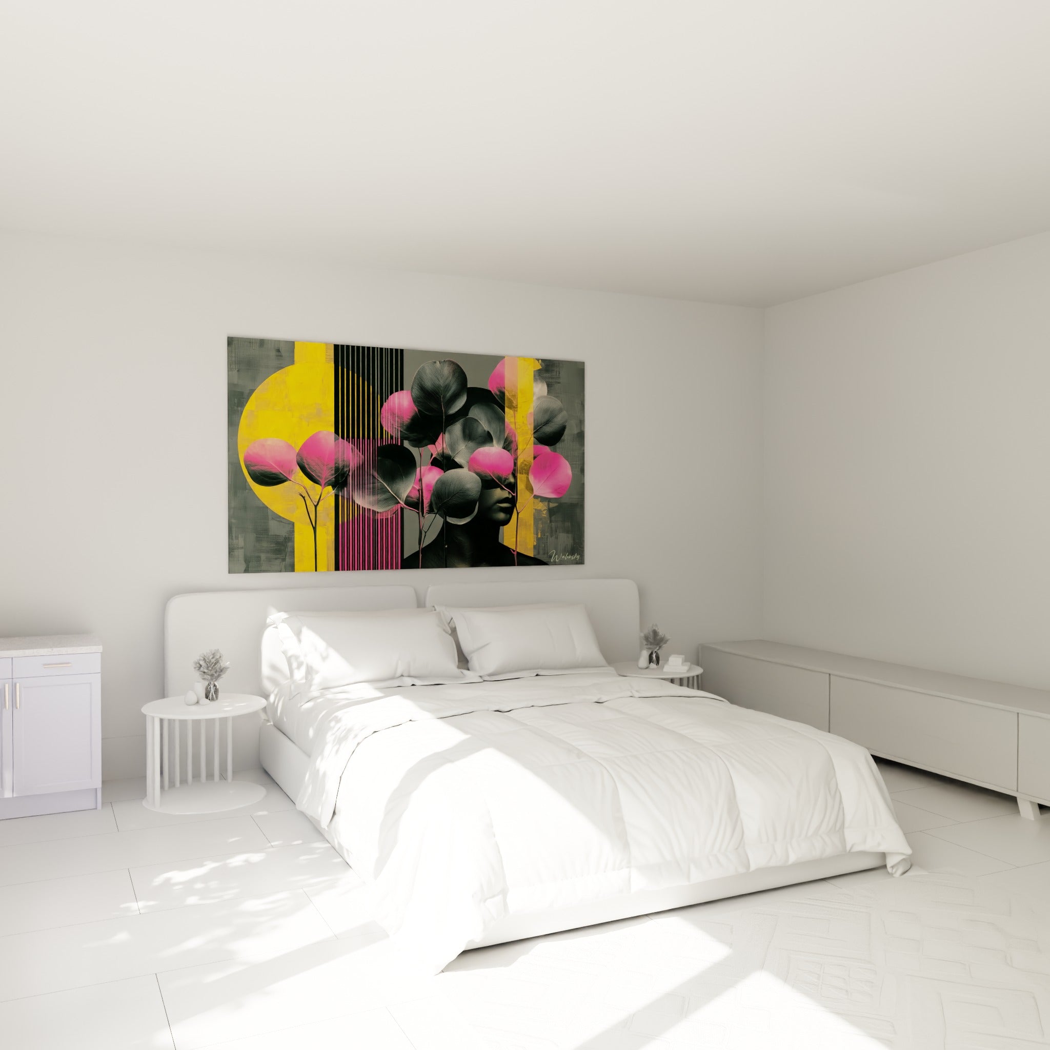 Feuillage d'eucalyptus rose fuchsia et noir masquant un visage, au-dessus d'un lit dans une chambre claire