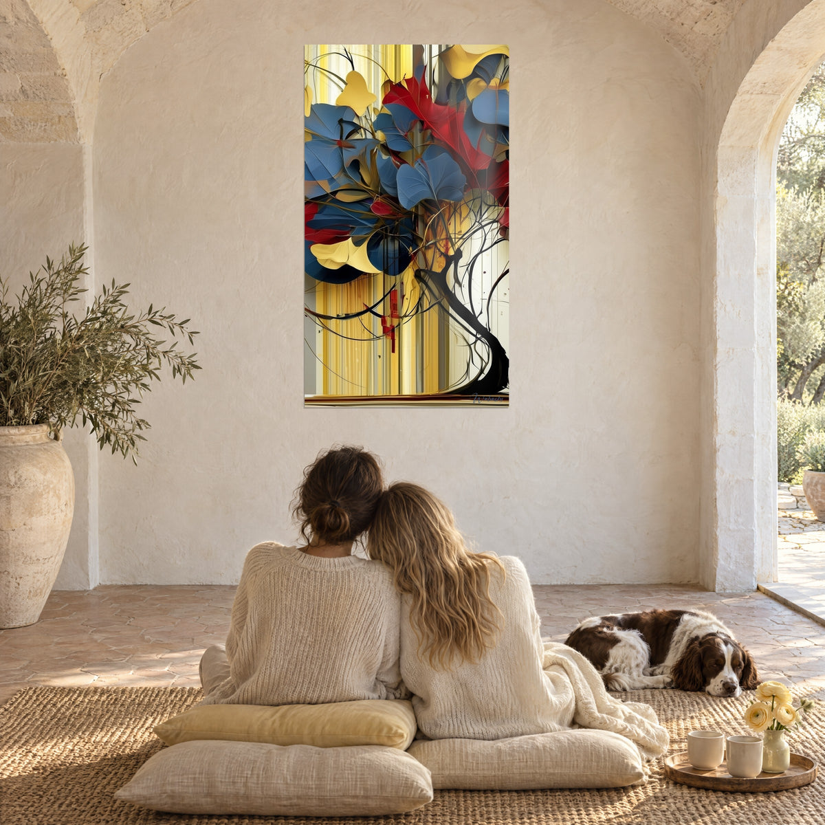 Tableau arbre au feuillage bleu nuit et rouge rubis sur bandes dorées, face à deux femmes de dos et un spaniel sur un tapis
