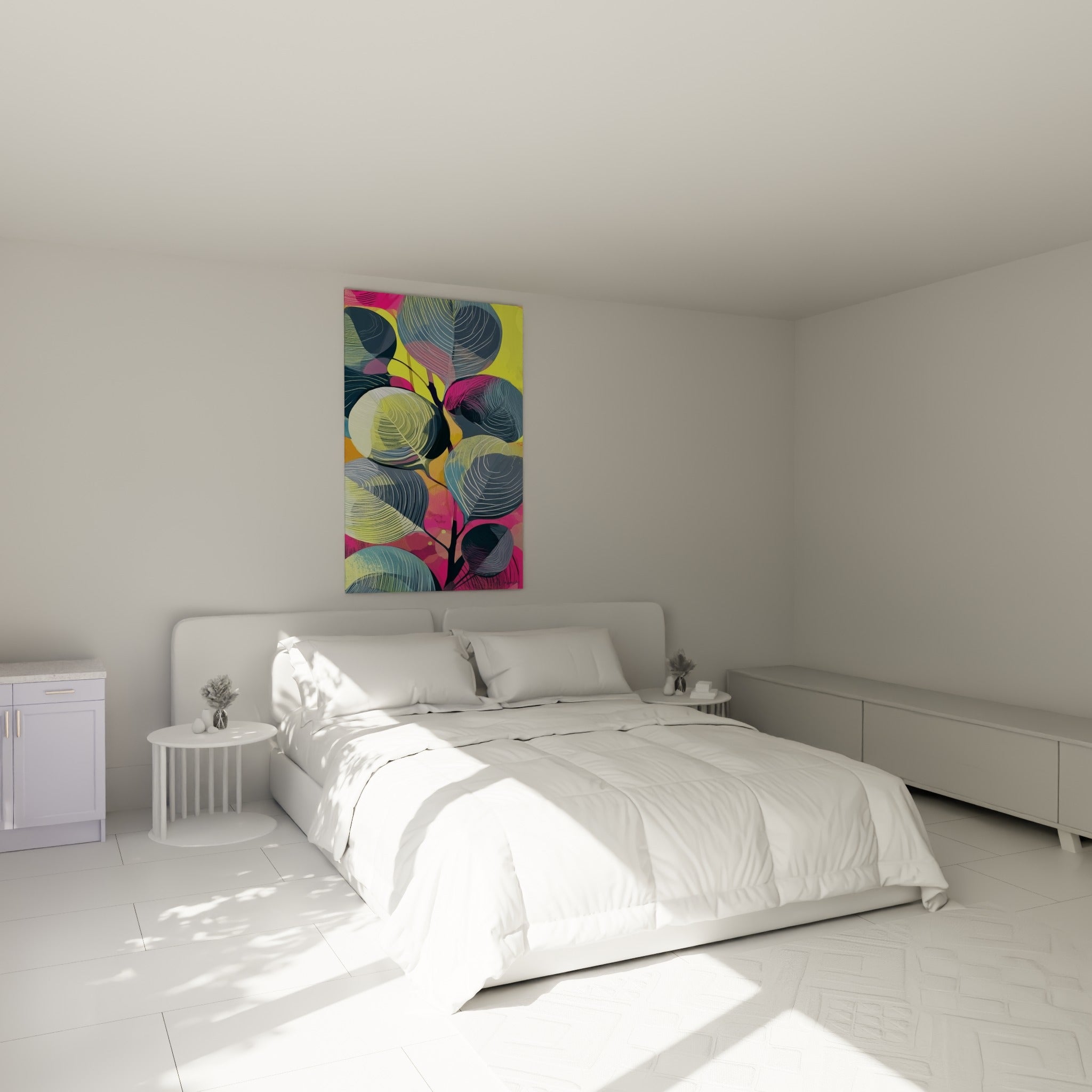Feuillage d'eucalyptus bleu marine et jaune vif accroché au-dessus d'un lit dans une chambre claire