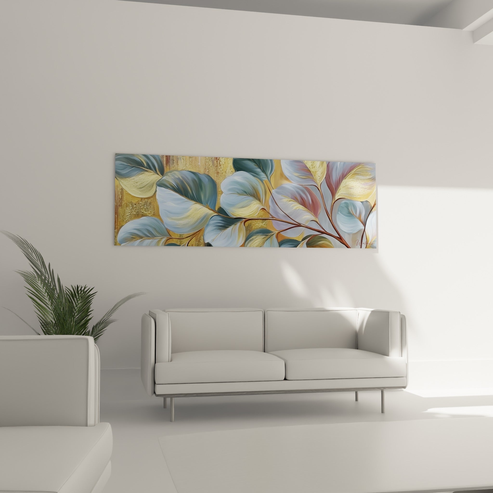 Branche d'Eucalyptus terracotta et anthracite accrochée au-dessus d'un canapé dans un salon lumineux