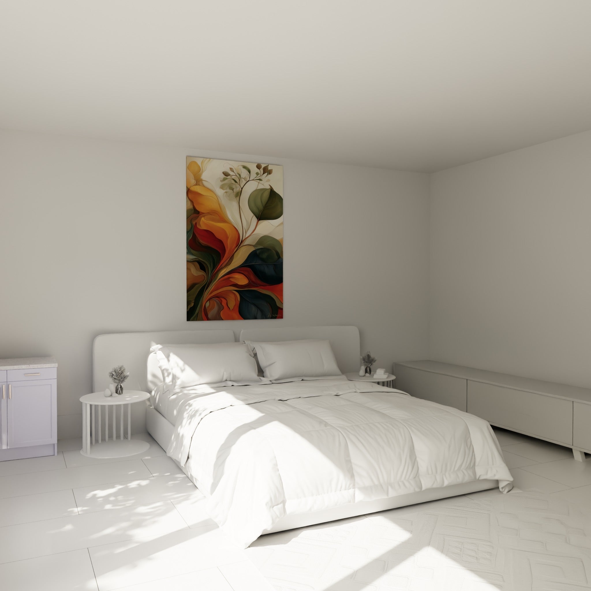 Feuillage d'eucalyptus ocre et terracotta accroché au-dessus d'un lit dans une chambre claire