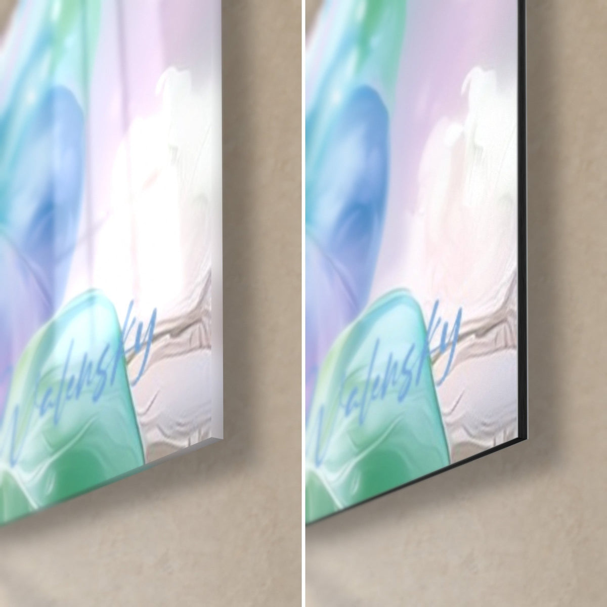 Wall art vine with glacier blue and mint green leaves, bottom right corner, glossy acrylic glass and matte Dibond aluminum, 3 mm thickness
