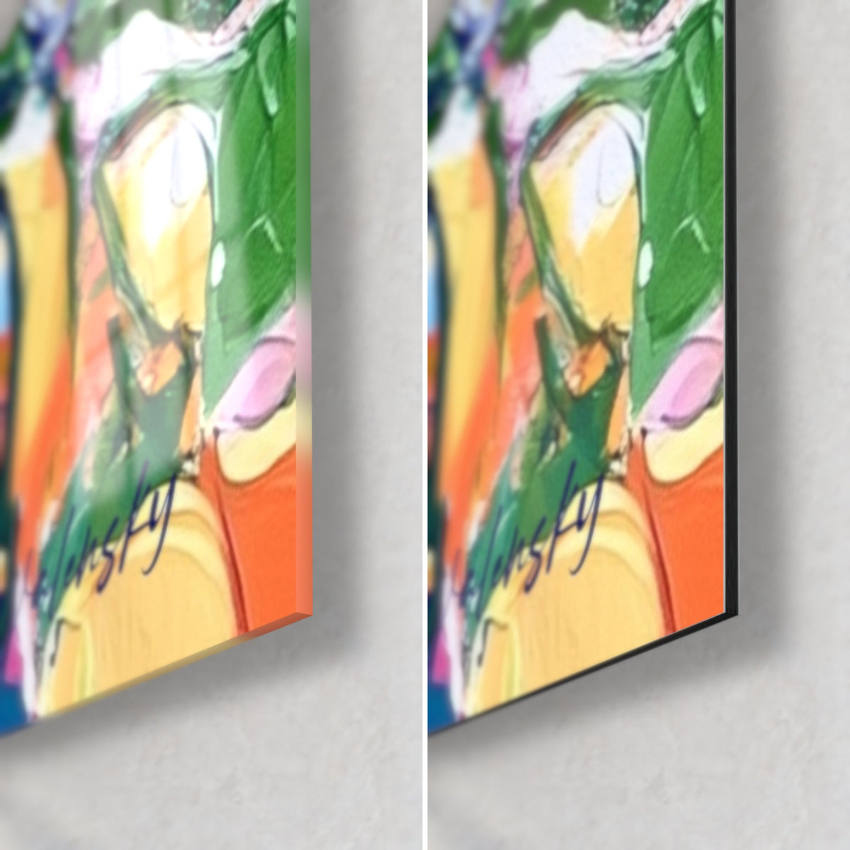 Gemälde mit gemalten Blütenblättern, untere rechte Ecke: glänzendes Glas links, mattes Dibond rechts, Orange und Grün, 3 mm Kante