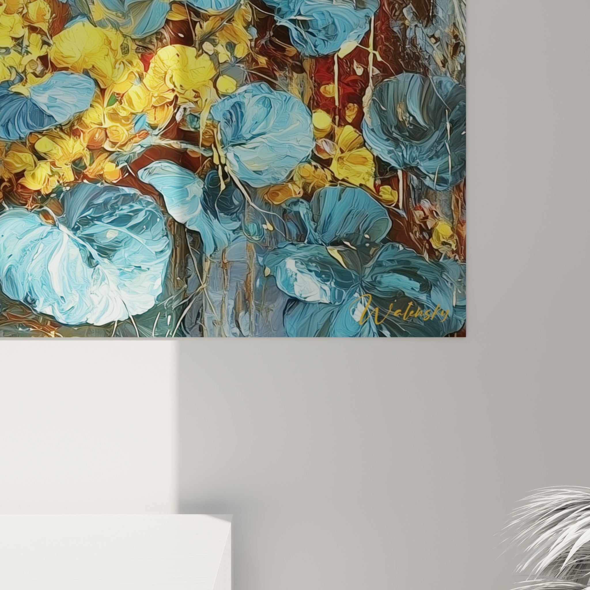 Empâtements bleu turquoise et coulures dorées de l'Eucalyptus révélant la matière épaisse de la peinture