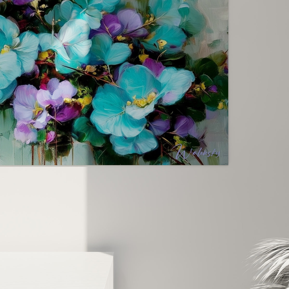 Empâtements dorés et coulures turquoise se mêlant sur la toile Eucalyptus vue de près