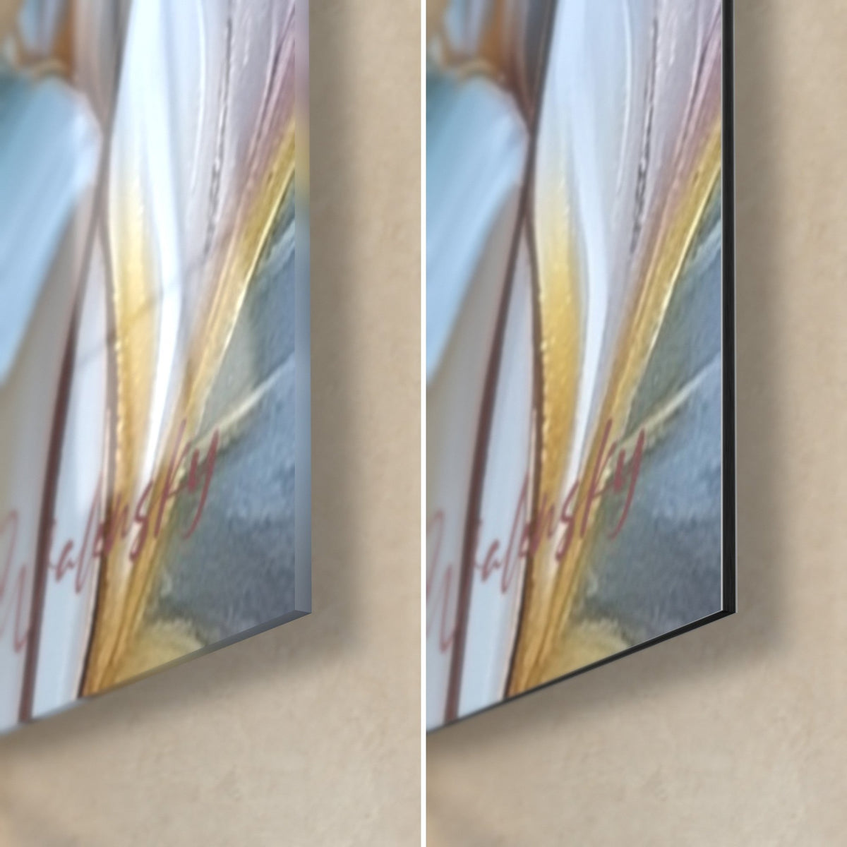 Cuadro follaje en dorado y azul pálido, esquina inferior derecha: cristal acrílico brillante con reflejos, aluminio Dibond negro mate, canto de 3 mm