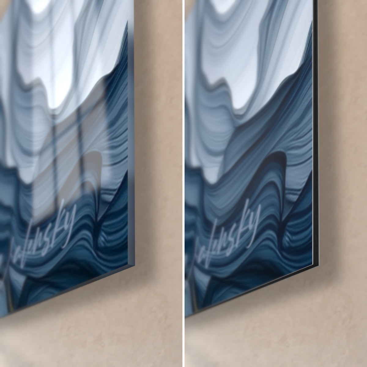 Tableau feuillage ocre et bleu nuit, coin bas droit : verre acrylique brillant à gauche, Dibond mat à droite, tranche de 3 mm