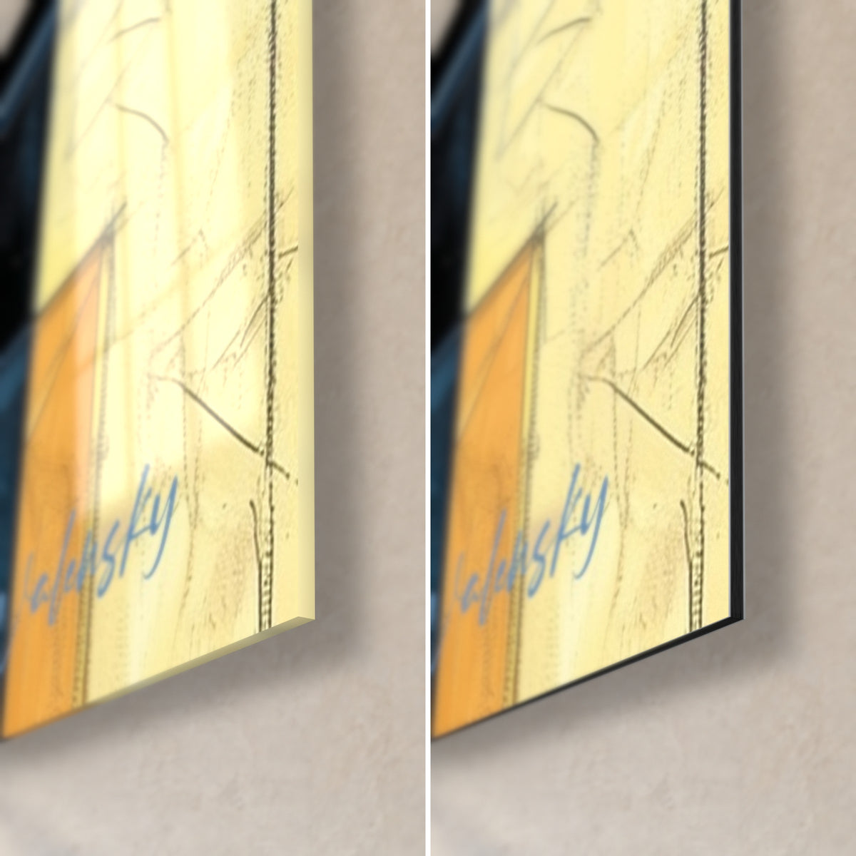 Cuadro de follaje rojo y amarillo sobre fondo azul, esquina inferior derecha: cristal acrílico brillante con reflejos, aluminio Dibond negro mate, canto de 3 mm