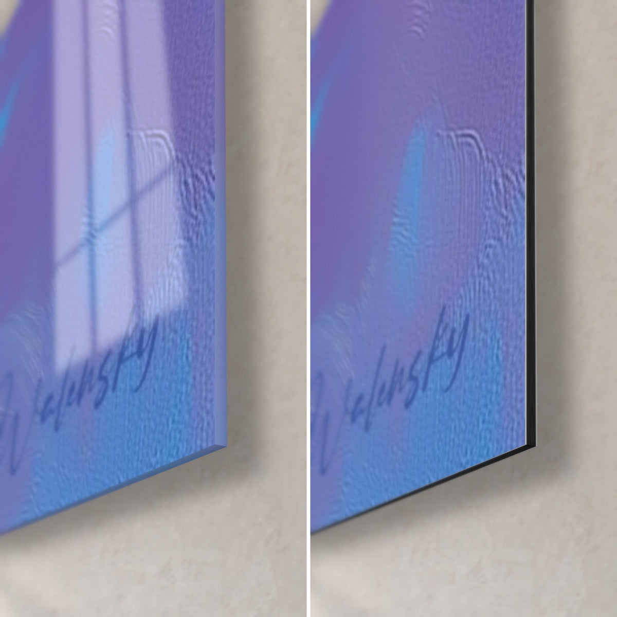 Cuadro ramas de eucalipto azul y violeta, esquina inferior derecha de cristal brillante con reflejos y Dibond mate, grosor de 3 mm