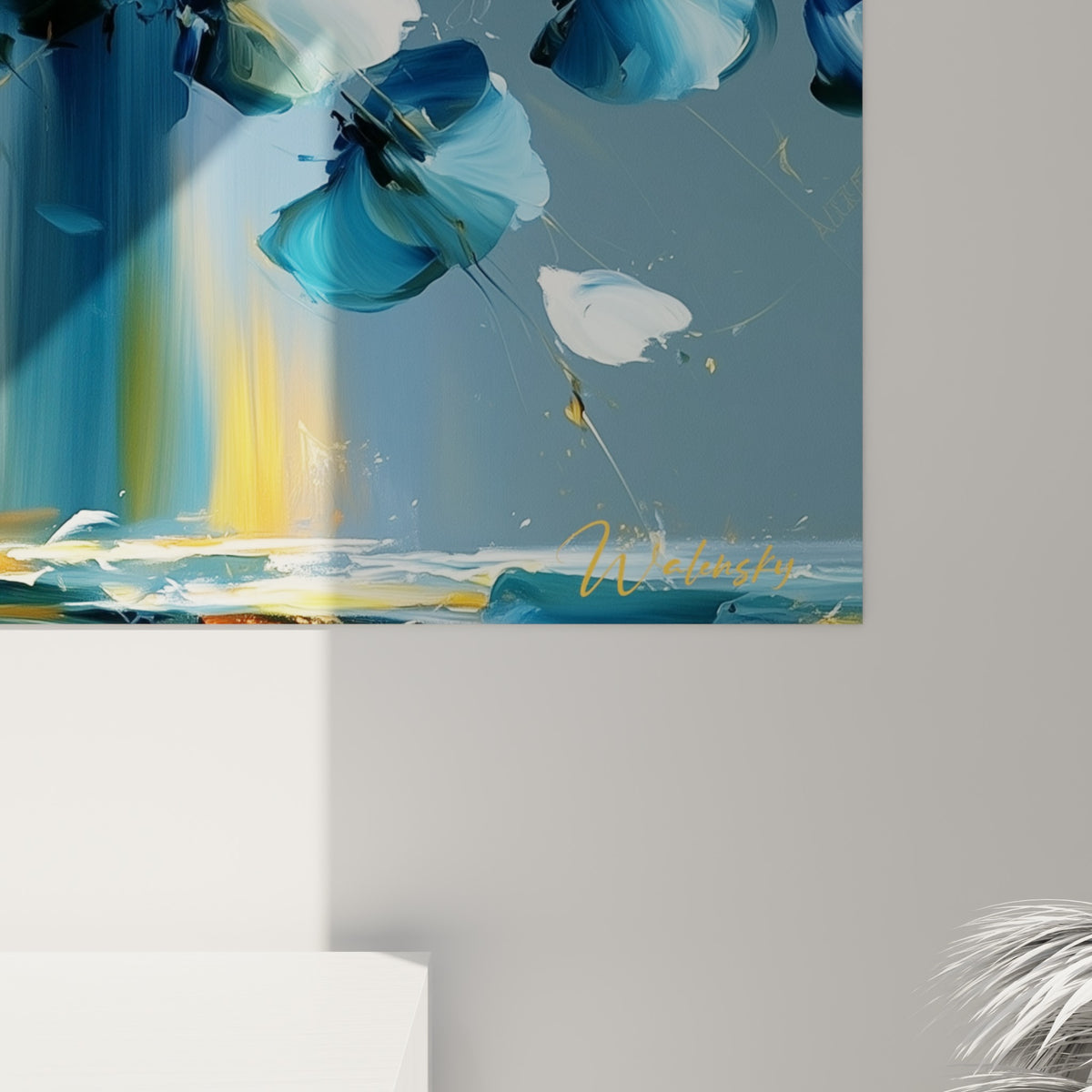 Empâtements épais mêlant bleu ardoise, orange flamme et filaments dorés visibles en gros plan sur la toile