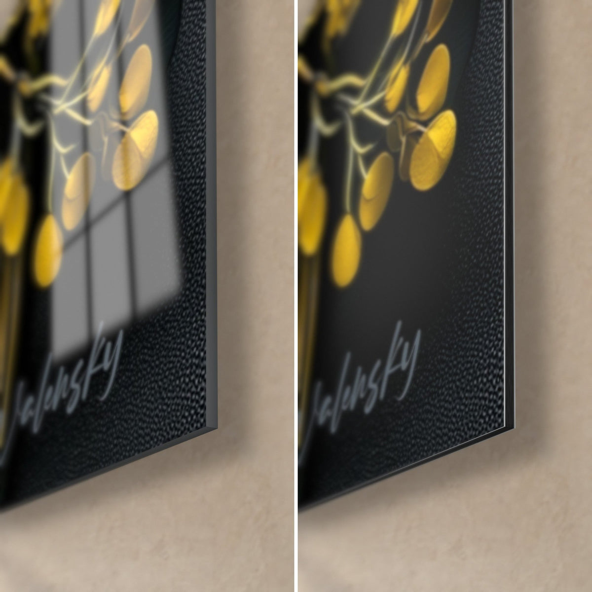 Wall art yellow eucalyptus branches on black, bottom right corner: glossy acrylic glass with reflections on the left, matte grey Dibond on the right