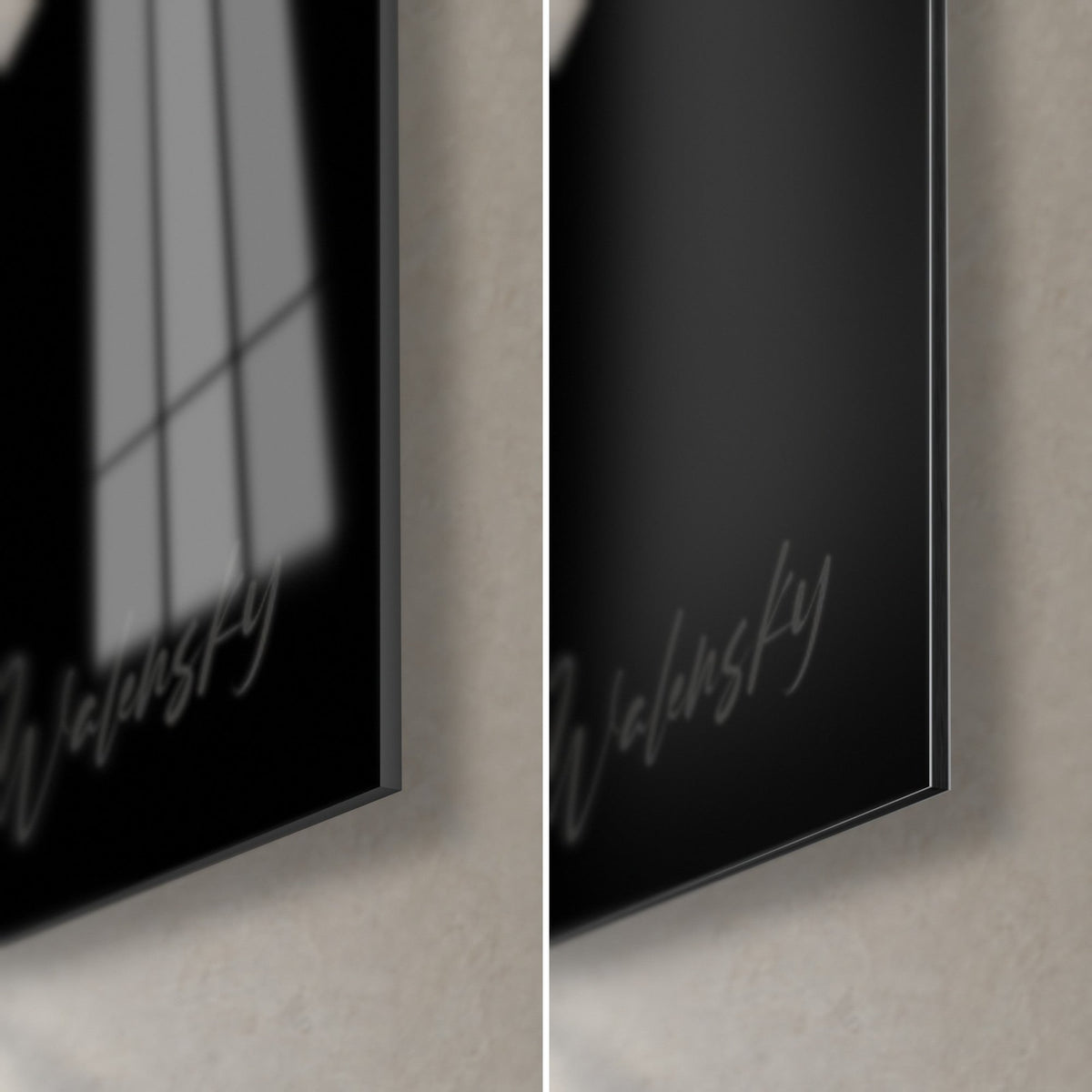 Wall art round black and grey leaves, bottom right corner: glossy acrylic glass with reflections, matte Dibond and 3 mm edge