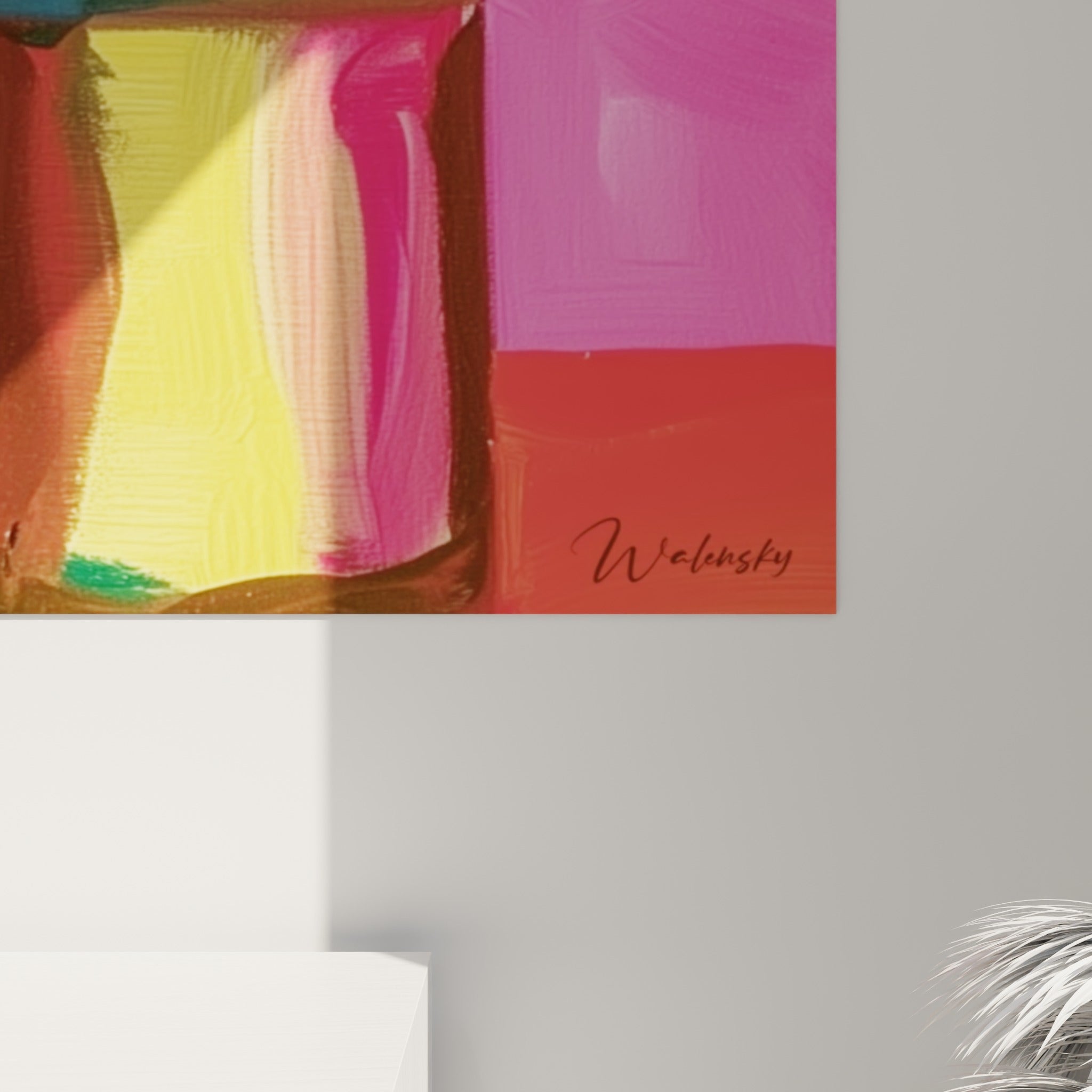 Empâtements colorés du tableau eucalyptus, où le vert profond et le bleu pastel se mêlent en coulures épaisses