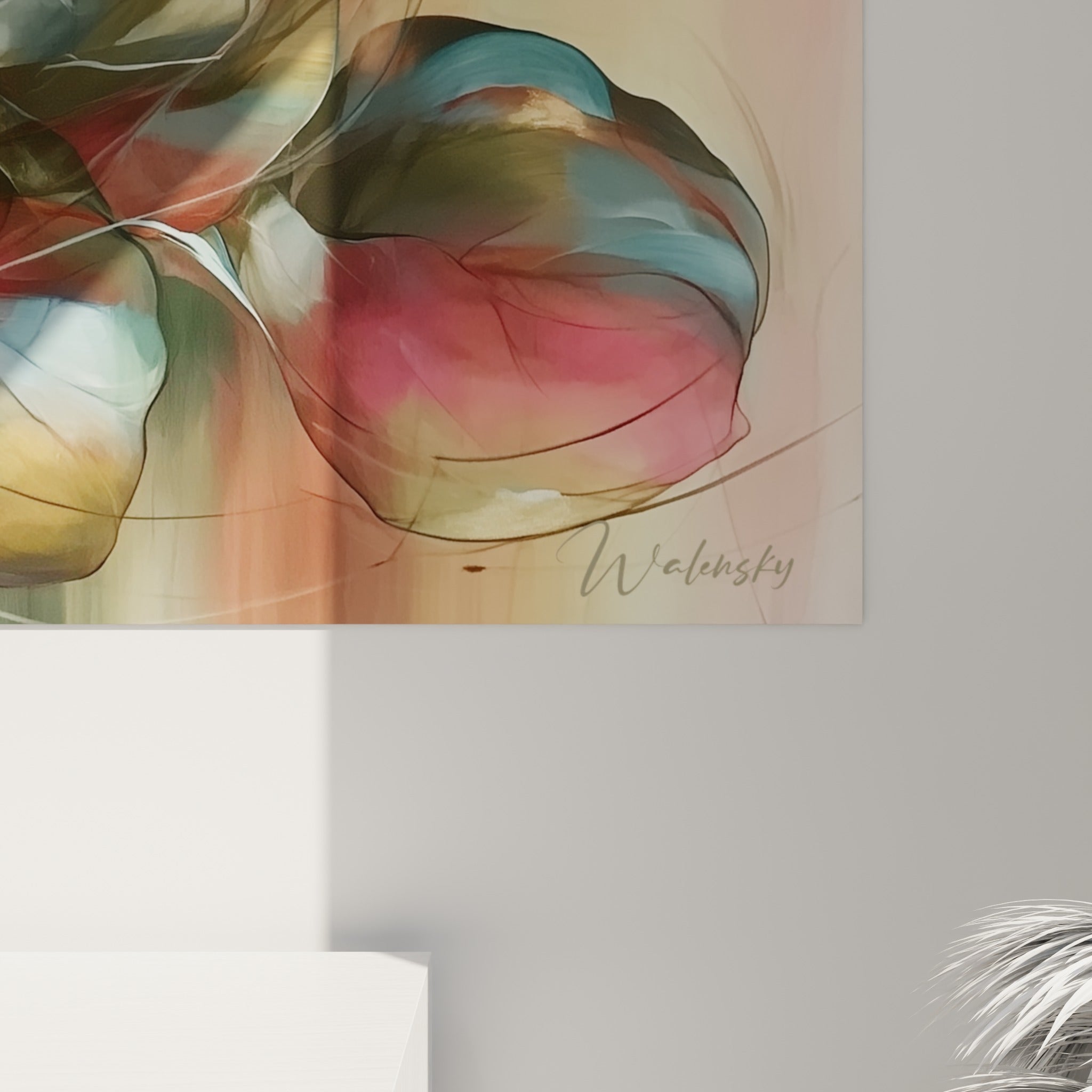 Détail des textures translucides bleu pétrole et bordeaux, empâtements dorés et traits fins visibles sur la toile Eucalyptus
