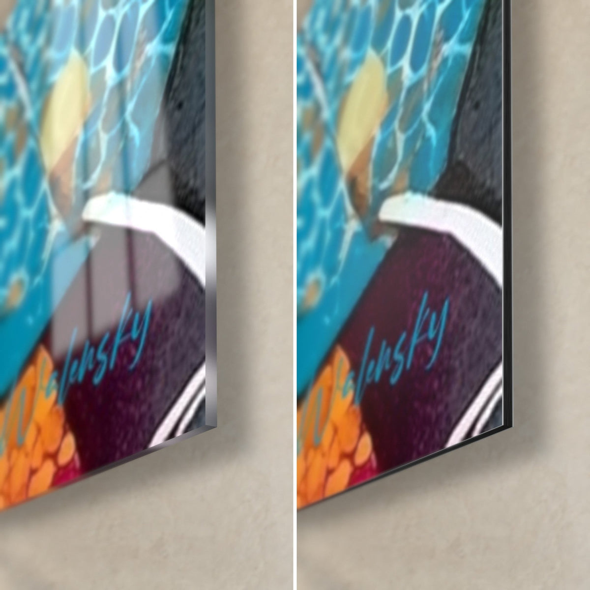 Schilderij met turquoise honingraatvormige eucalyptusbladeren, rechteronderhoek, glanzend glas links en mat zwart Dibond rechts, rand van 3 mm