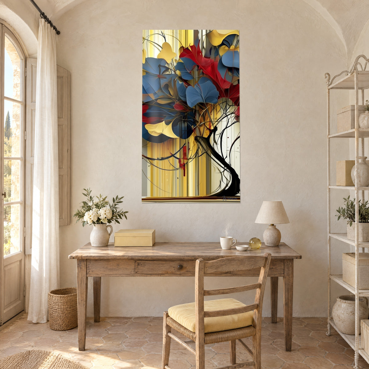 Tableau branches noires entrelacées et grandes feuilles bleu pétrole, rouges et jaune paille, accroché au-dessus d'un bureau en bois