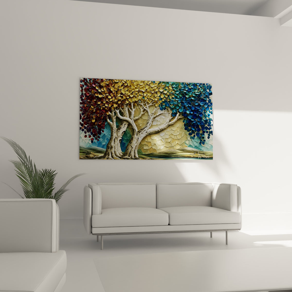 Tronc texturé Eucalyptus entouré de teintes ocre et bleu marine au-dessus d'un canapé dans un salon lumineux
