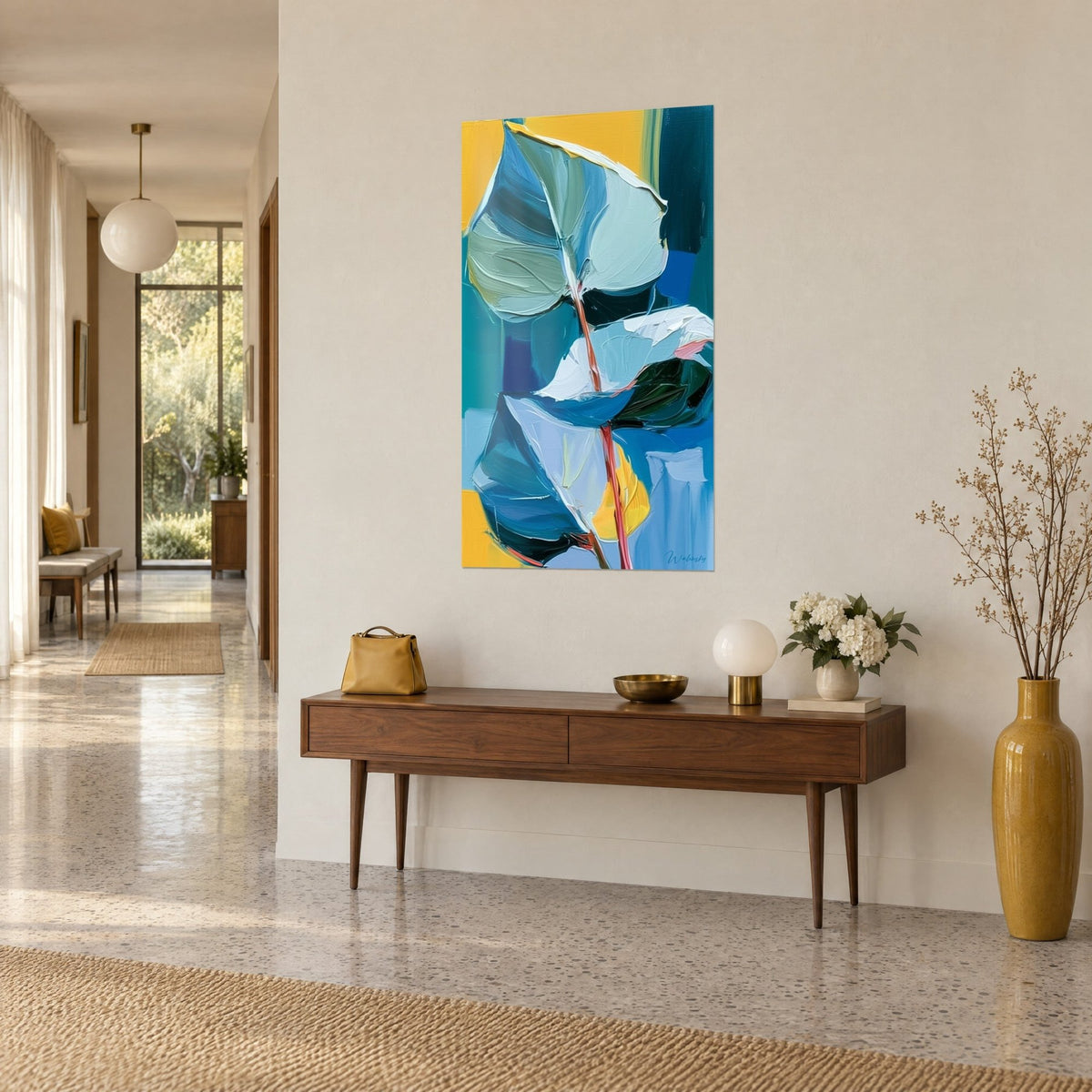 Wall art thick textured eucalyptus branch, turquoise and sky blue leaves, coral red stems, three-quarter view on a cream wall