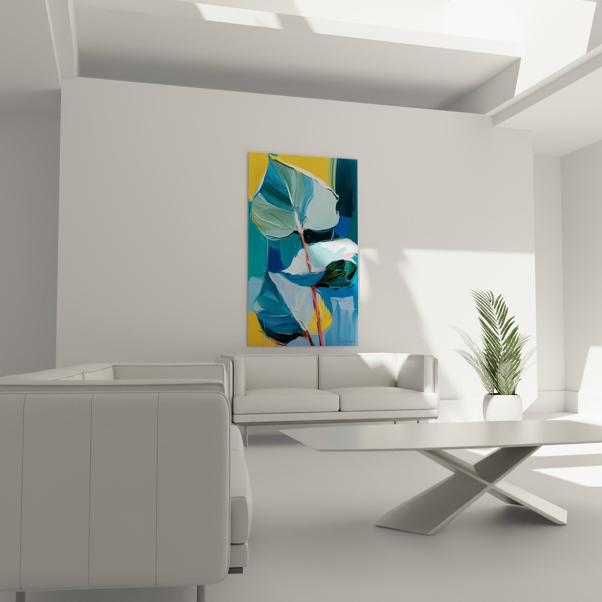 Composition Eucalyptus bleu pétrole et corail au-dessus d'un canapé dans un salon lumineux