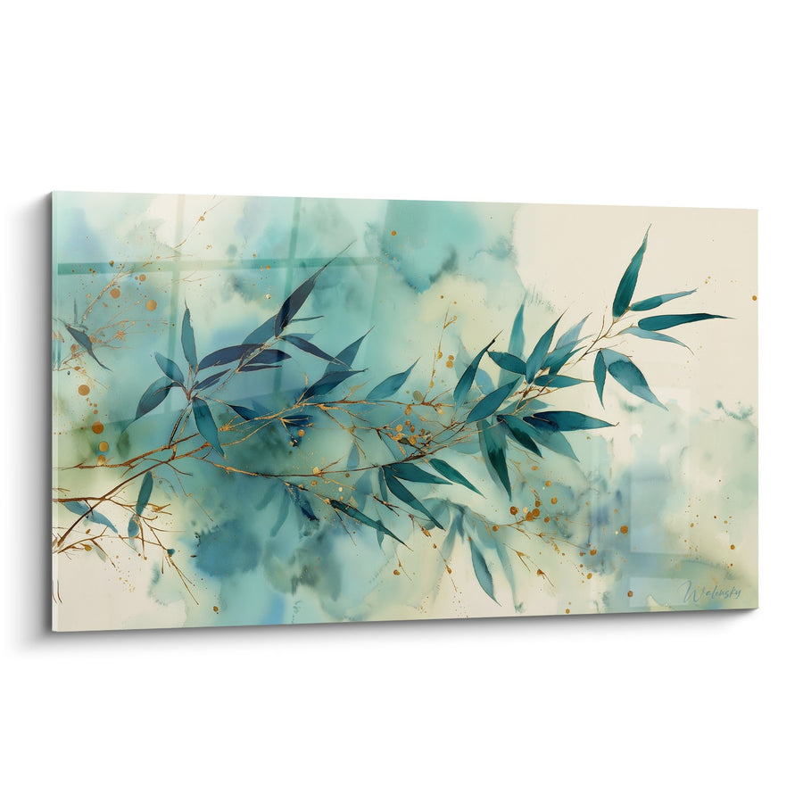 Tableau Branches d'Eucalyptus aux Tons Turquoise et Dorés - Sérénité Aquatique - Edition Feng shui Nord Eau