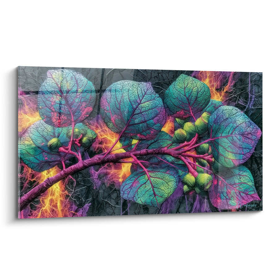 Tableau Feuilles rondes turquoise et magenta sur flammes - Nervures pourpres incandescentes - Edition Eucalyptus