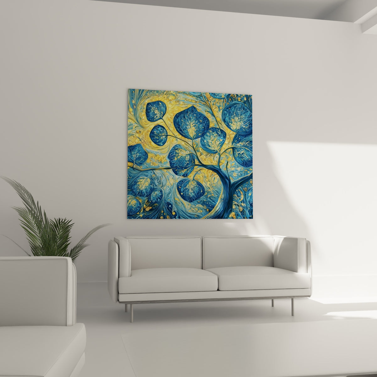 Motifs d'eucalyptus turquoise et or, composition dense et lumineuse, au-dessus d'un canapé dans un salon lumineux