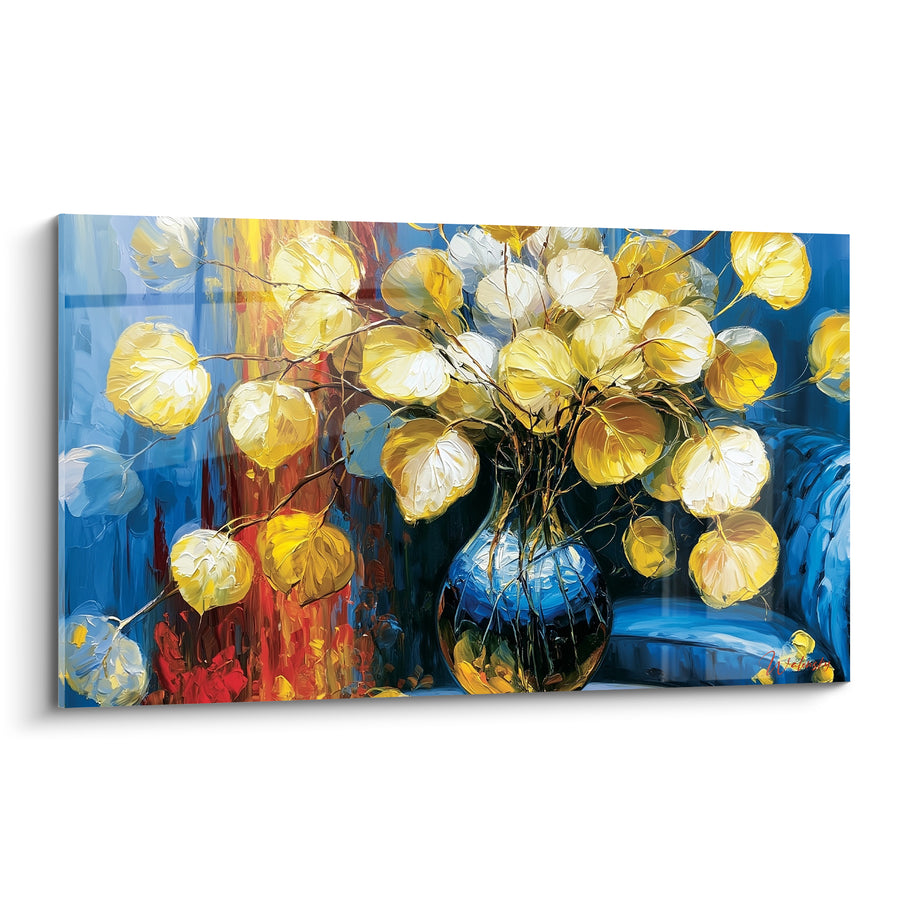 Tableau Vase bleu doré aux feuilles rondes - Éclosion dorée - Edition Eucalyptus