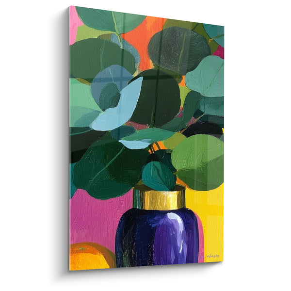 Tableau Vase violet aux feuilles vertes sur fond rose et jaune - Col doré brillant - Edition Eucalyptus