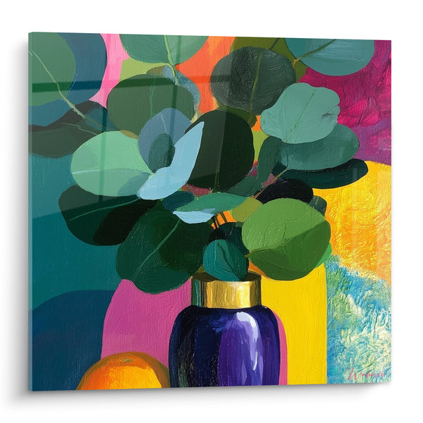 Tableau Feuillage vert et vase bleu nuit - Éclat de couleurs vives - Edition Eucalyptus