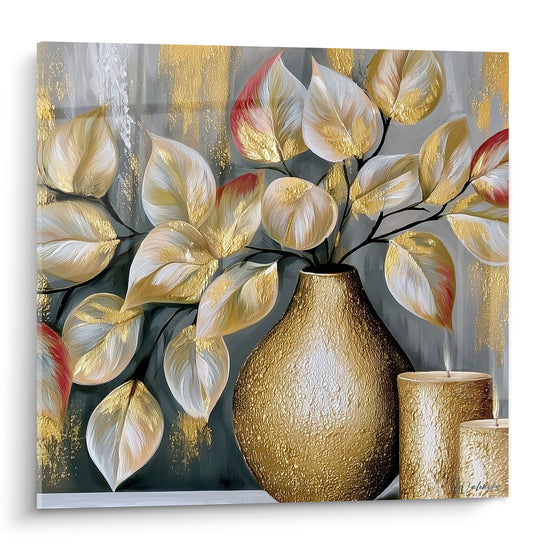 Feuilles dorées et blanches jaillissant d'un vase doré texturé, fond anthracite et rouge terracotta