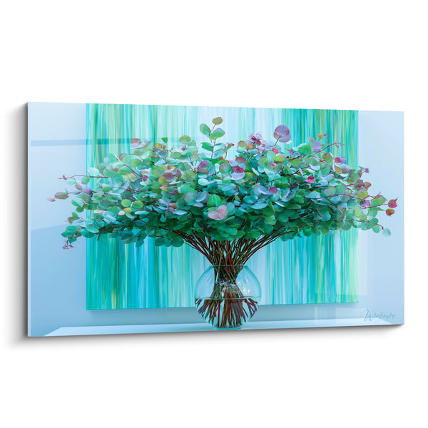 Tableau Vase rond vert et turquoise aux tiges immergées - Bouquet foisonnant en boule - Edition Eucalyptus