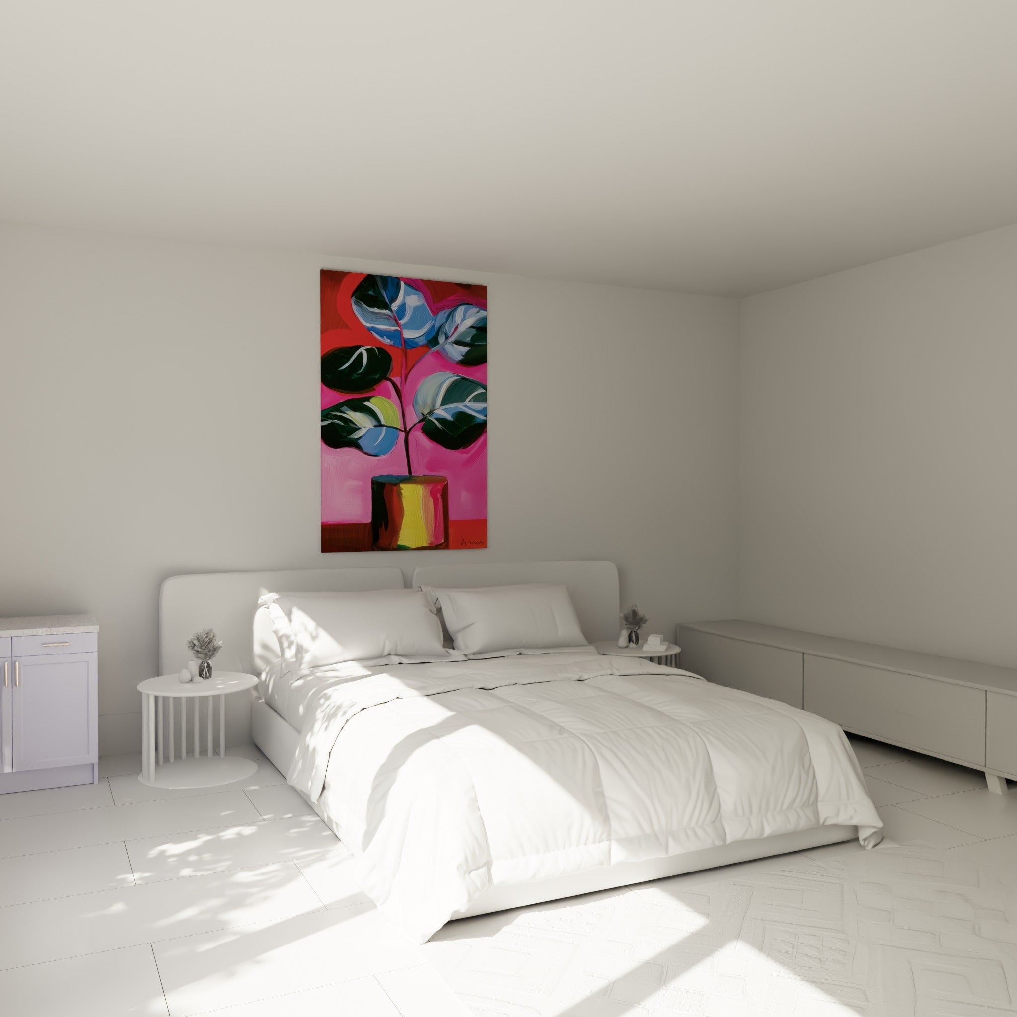 Plante d'eucalyptus stylisée en rose et vert sombre, accrochée au-dessus d'un lit dans une chambre claire