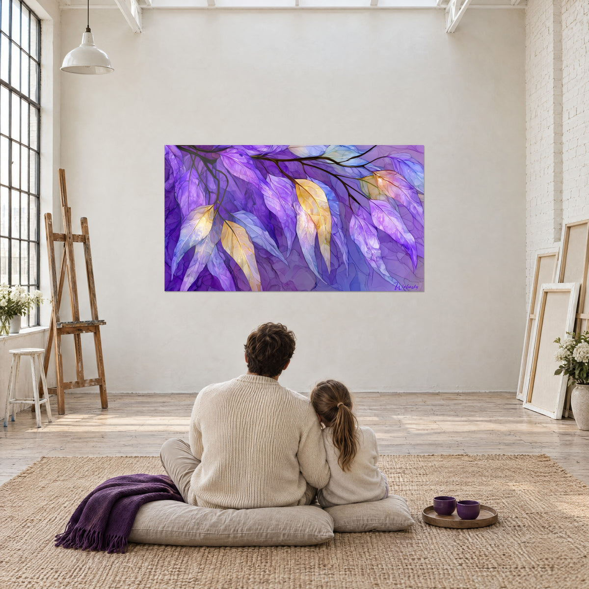 Tableau feuilles effilées mauves, bleutées et dorées sur fond violet, admirées par un couple de dos assis sur un tapis en fibres naturelles