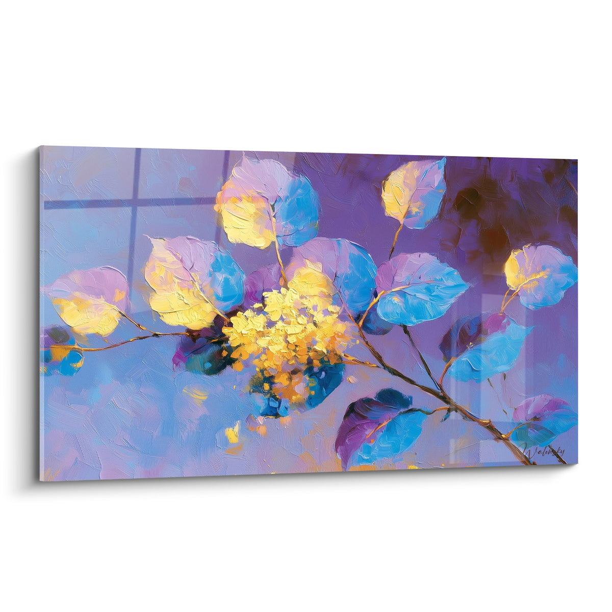 Eucalyptus aux feuilles bleu pastel et violet profond, fleurs dorées, style empâté expressif