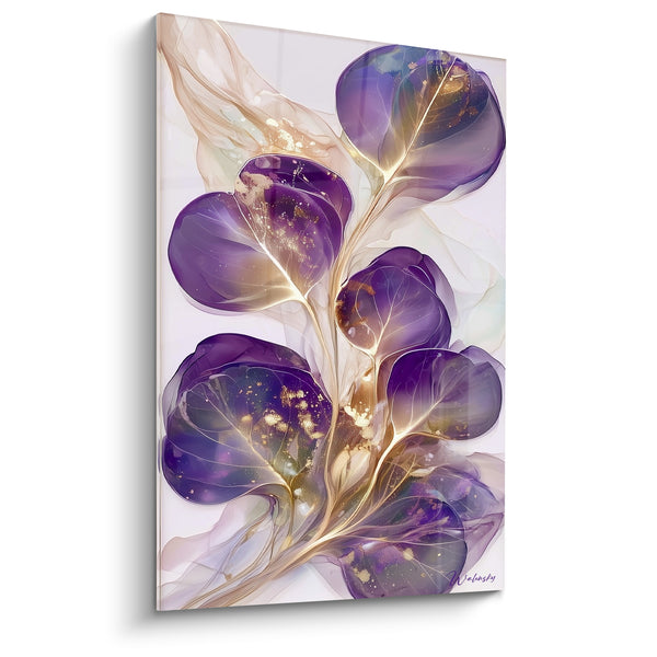 Tableau Feuilles violettes et dorées aux nervures translucides - Fond blanc immaculé - Edition Eucalyptus