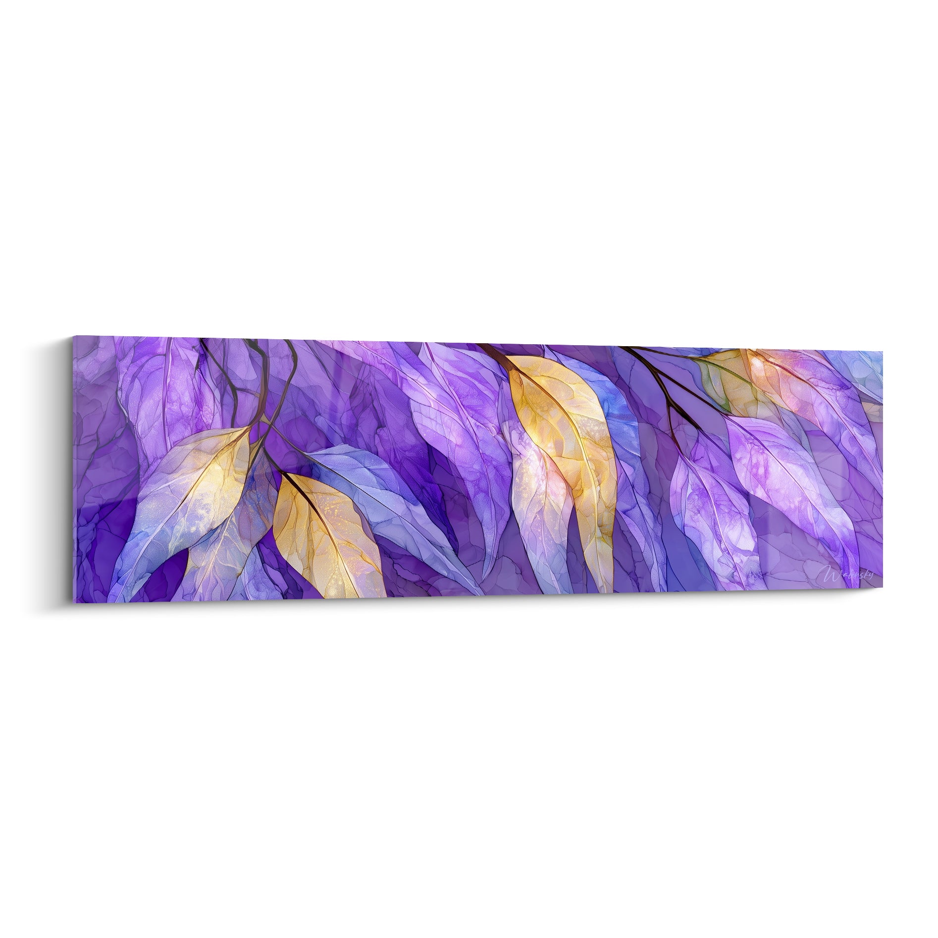 Feuilles d'eucalyptus violettes et dorées translucides façon vitrail sur toile panoramique