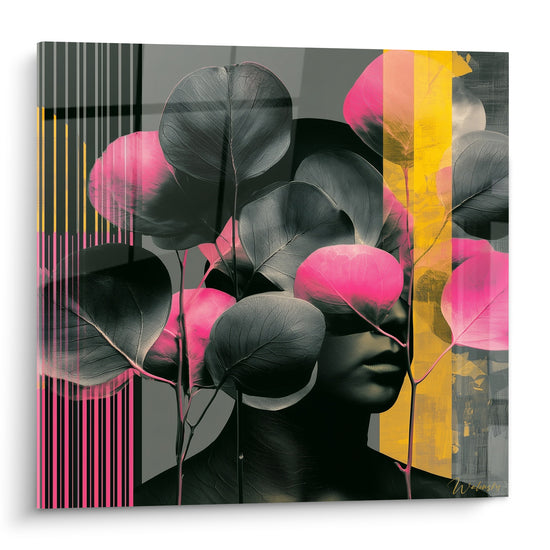 Visage dissimulé sous des feuilles roses et noires, fond anthracite rayé de jaune moutarde