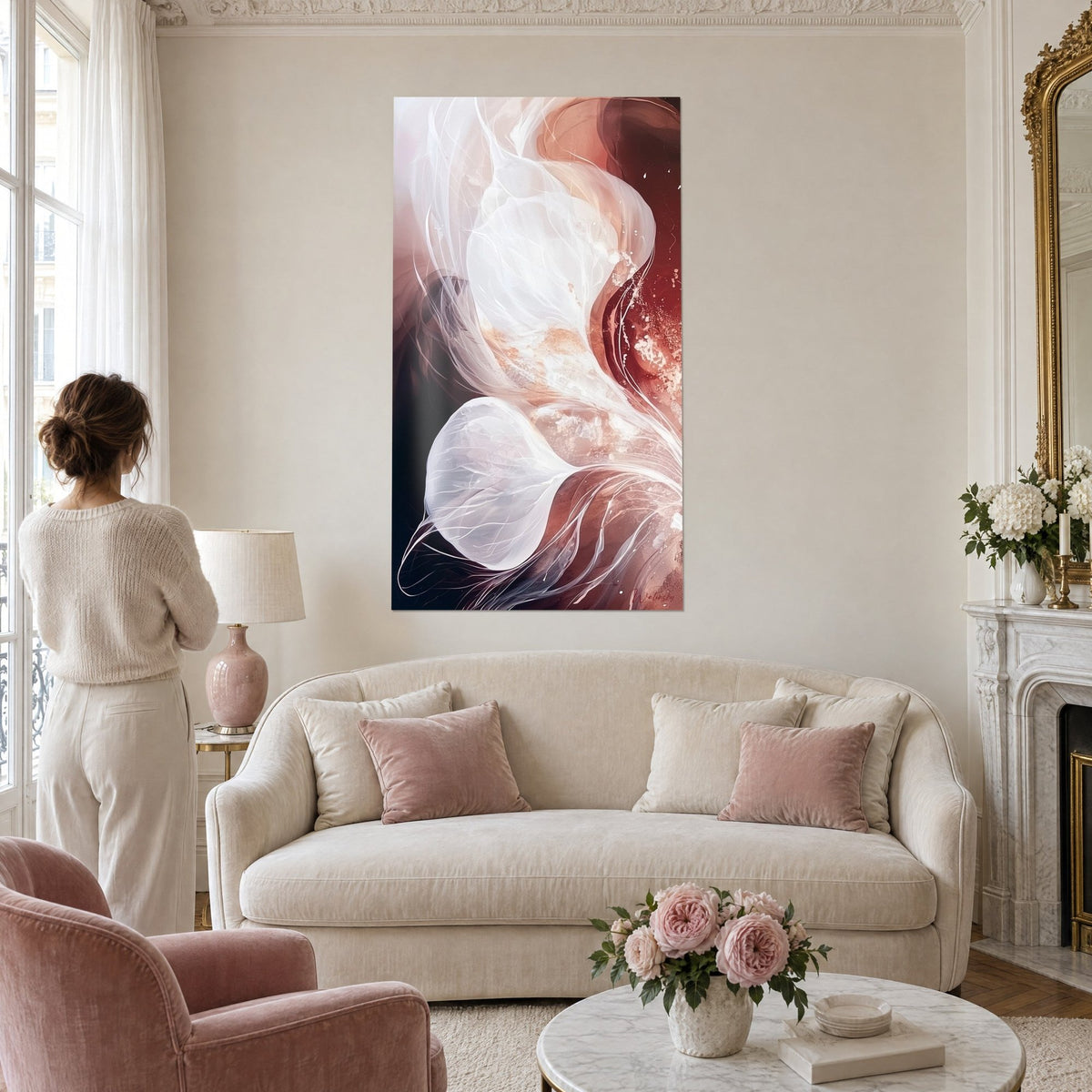 Gemälde mit transparenten Schleiern in perlmuttweiß und Bordeaux, feine Fäden, Frau von hinten, über einem Sofa in einem hellen Wohnzimmer
