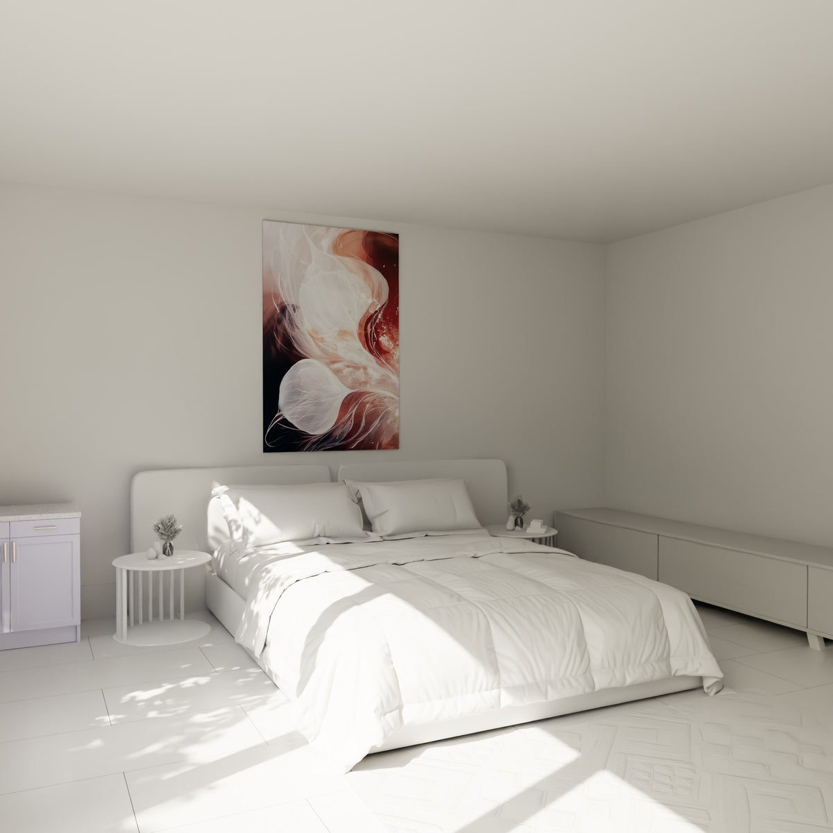 Voiles translucides blanc et bordeaux du tableau Eucalyptus, accrochés au-dessus d'un lit dans une chambre claire