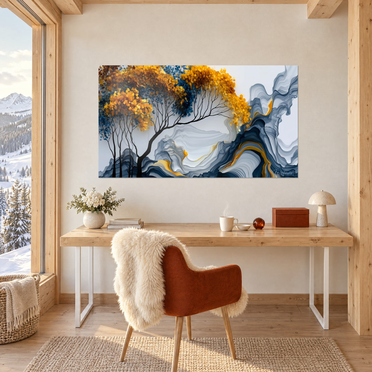 Tableau arbre doré aux nervures noires et vagues marbrées bleu acier, accroché au-dessus d'un bureau en bois clair près d'une fenêtre