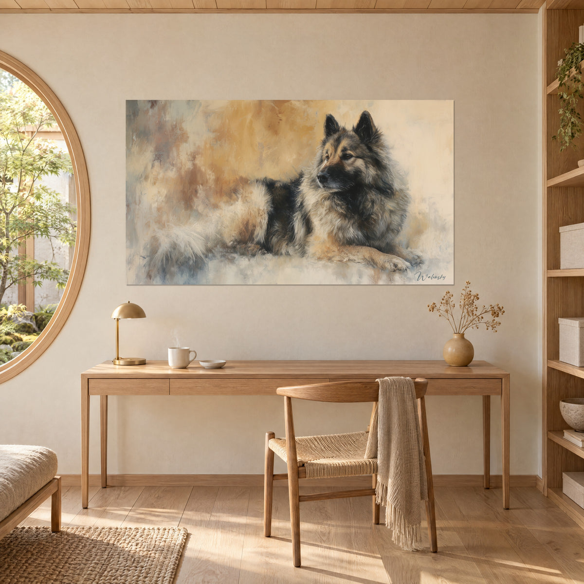 Πίνακας με Eurasier ξαπλωμένο με το κεφάλι γυρισμένο, πυκνό τρίχωμα μπεζ και ανθρακί, ωχρές πινελιές, απέναντι από ένα ξύλινο γραφείο δίπλα σε ένα στρογγυλό παράθυρο